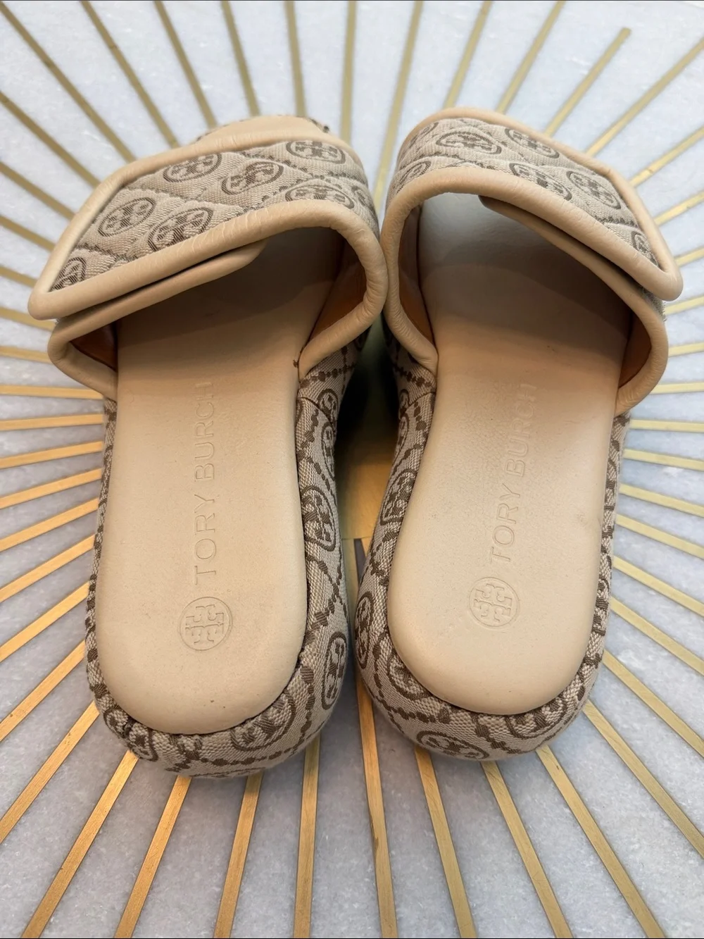 Tory Burch Beige Logo Platform Slide Sandals with Signature Monogram